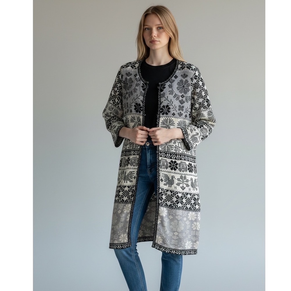 Gudrun Sjoden Black Grey Cotton Scandinavian Jacquard Knit Long Cardigan S